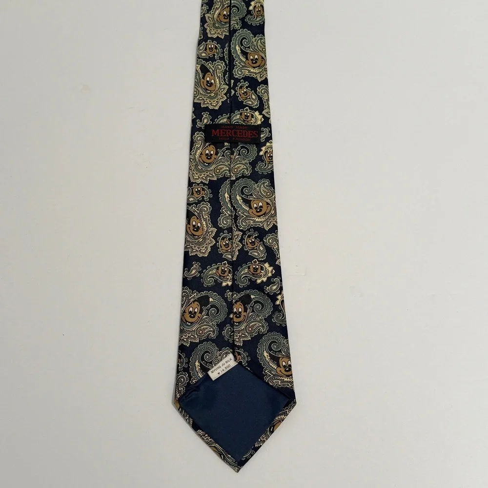 Mercedes Mickey Mouse Paisley Necktie Disney Character Navy Blue Silk Mens Tie
